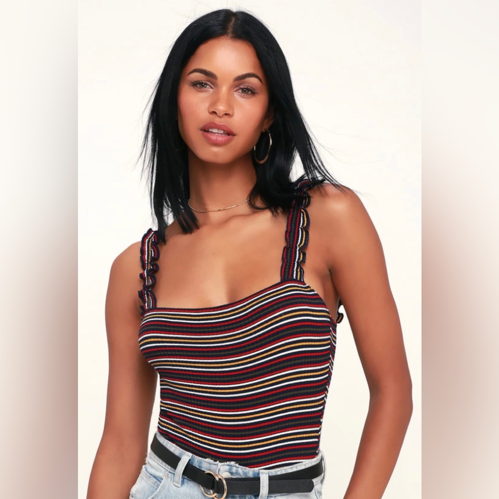 Lulu’s Emaline Navy Blue Striped Bodysuit, size Small